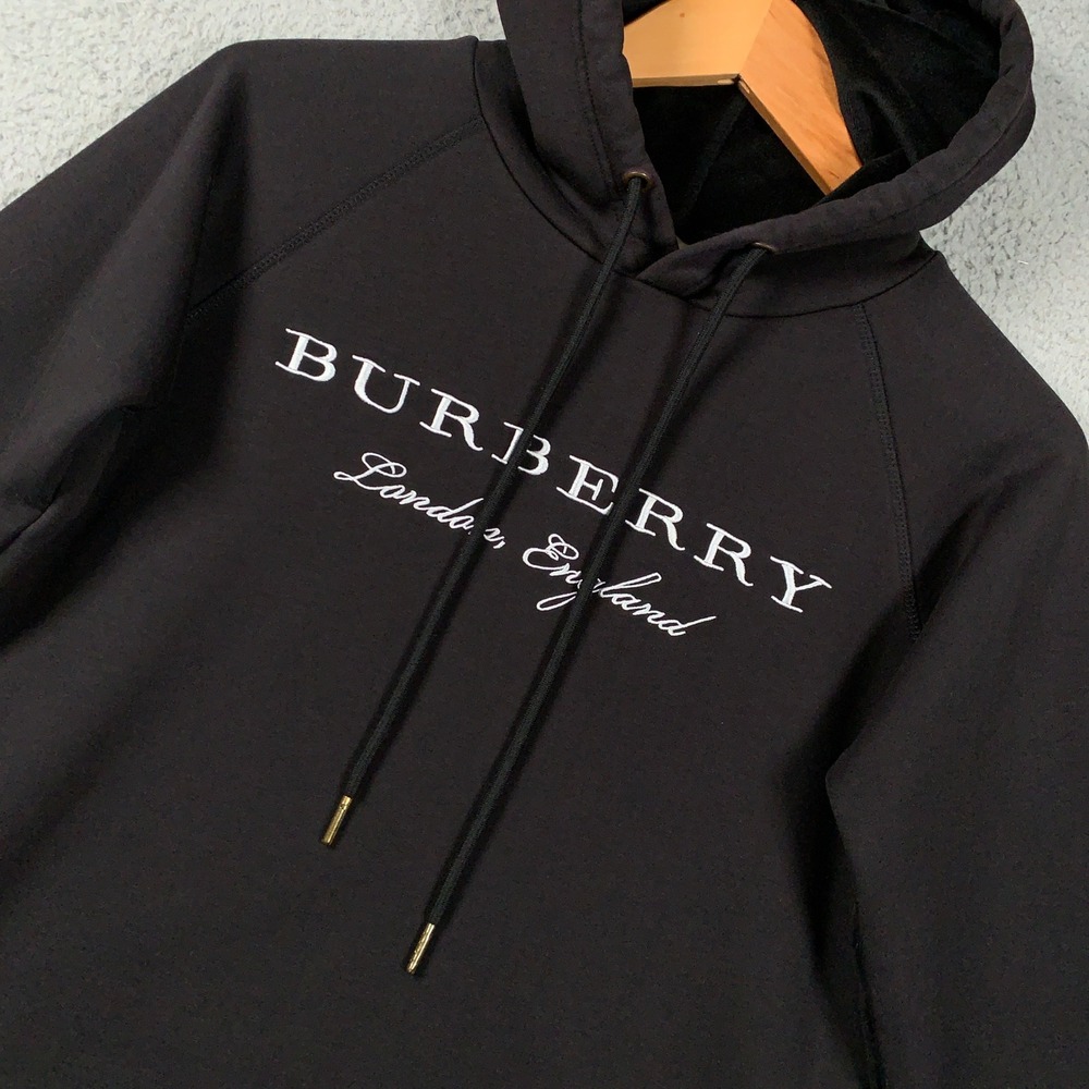 Burberry London Logo Hoodie Womens Small Black Script Embroidered Pullover Sweat